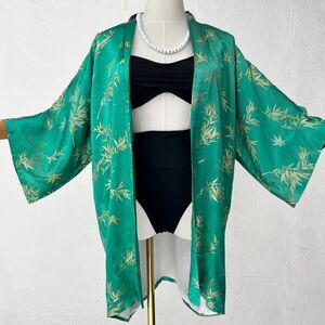 Vintage Japanese Resort Wear Brand T-Mart Jade Green Brocade Kimono Jacket (OS)